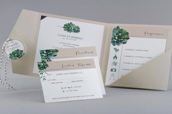 Faire-part de mariage sur le thème des plantes écolo sur papier recyclé