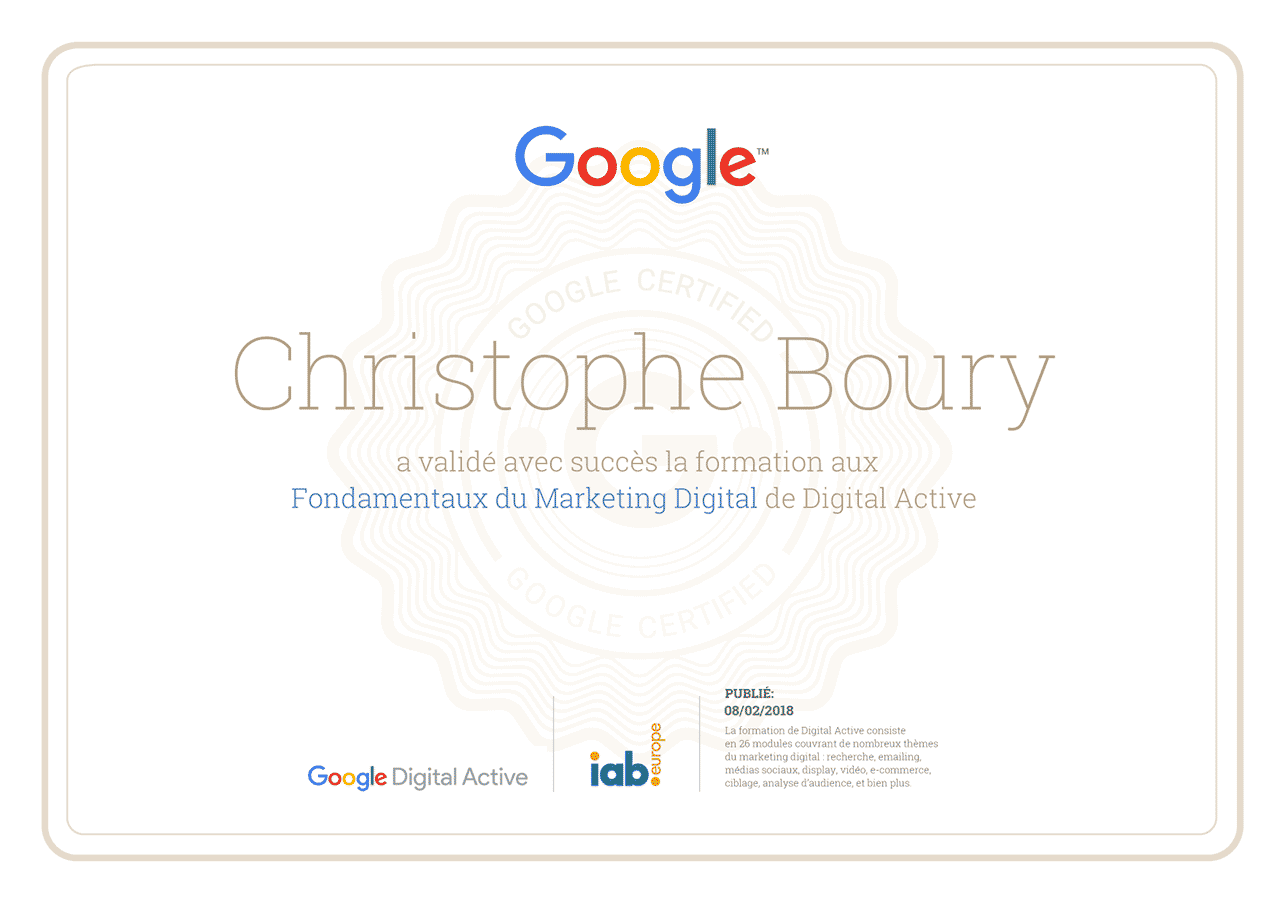 Certification Digital Active Google christophe Boury