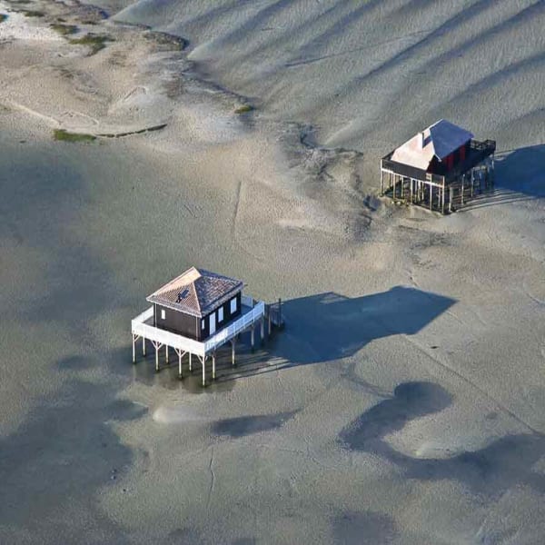 vue du bassin aérienne professionnelcabane bassin d’Arcachon Lille aux oiseaux Bordeaux Aquitaine Gironde marée basse formation photo et graphisme