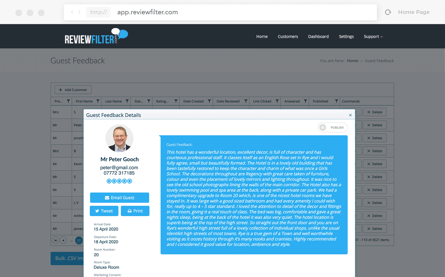 Hotel guest feedback database