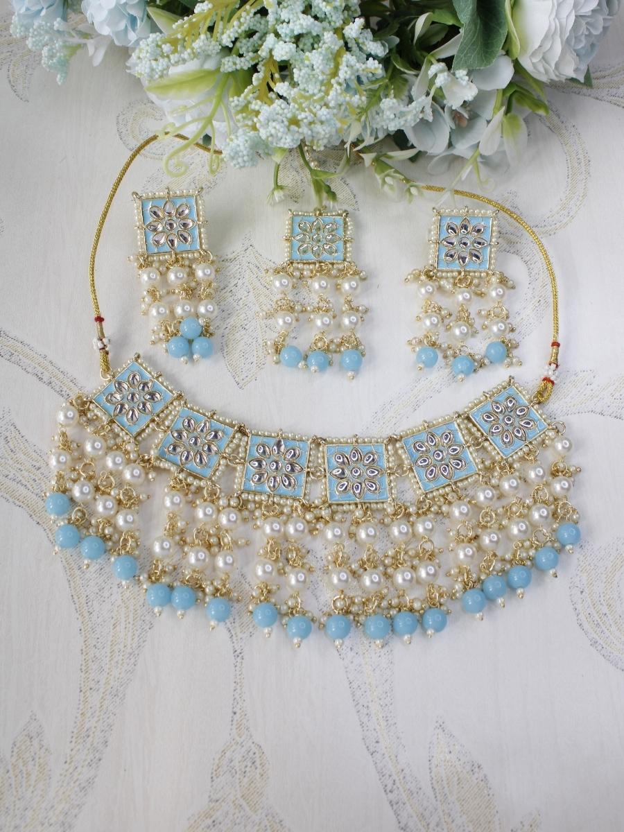 Shop Latest Seerat Sky Blue Necklace Set with Maangtika Shforn