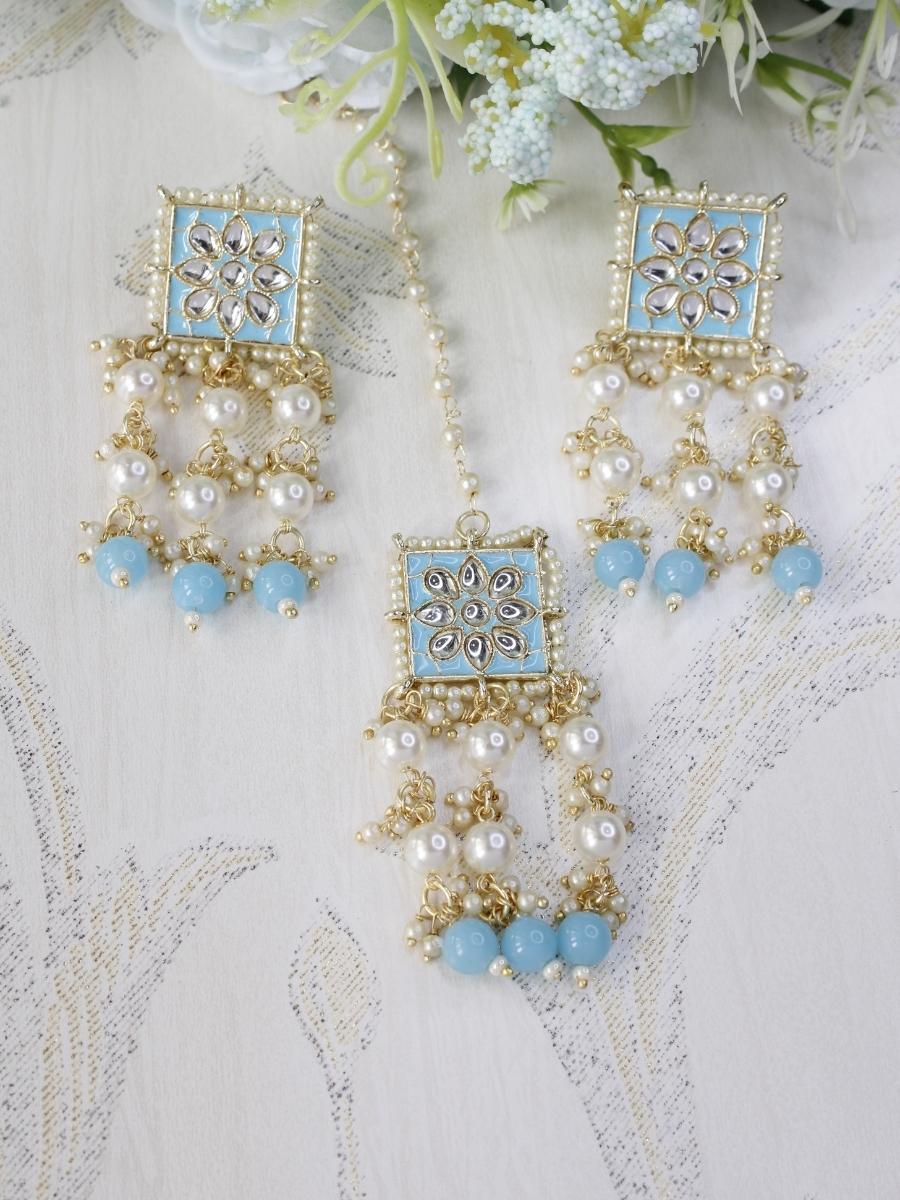 Shop Latest Seerat Sky Blue Necklace Set with Maangtika Shforn
