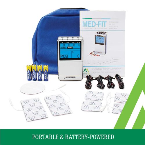 The full 4 channel tens machine, electrodes, guide and package it comes in with batteries