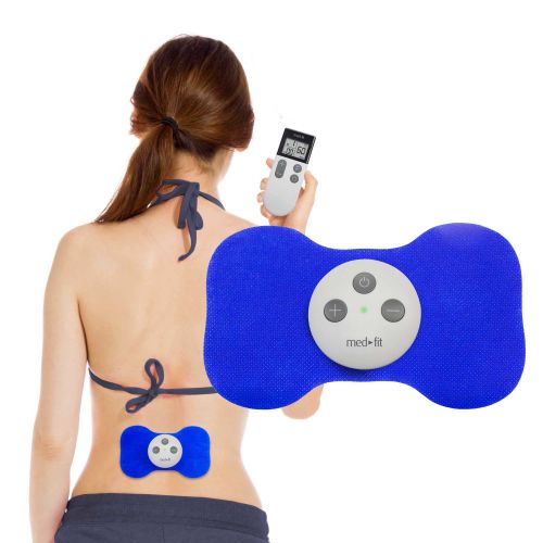 Ex Demo Tens Machine being used with blue electrode on a womans back to assist with lower back pain