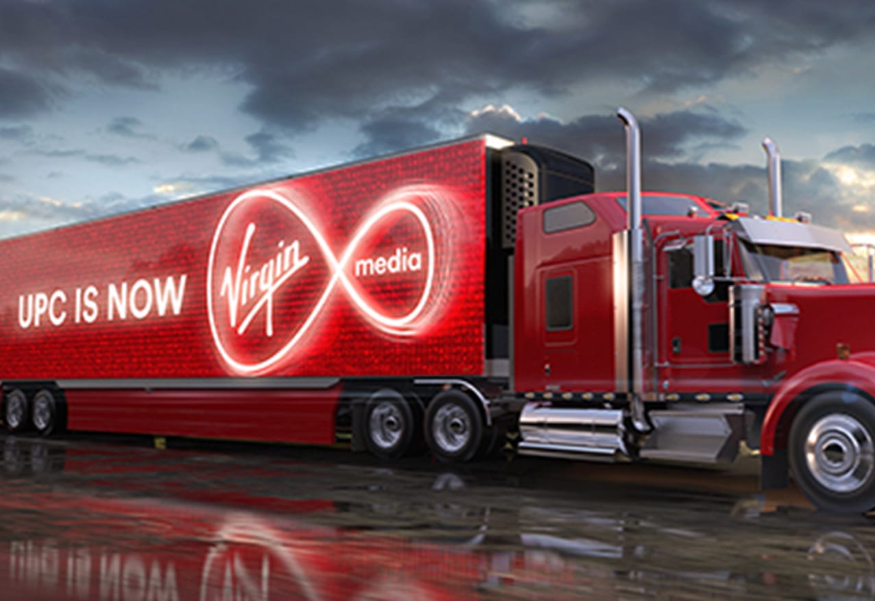 An image of a truck advertising UPC's Virgin Media Ireland re-brand