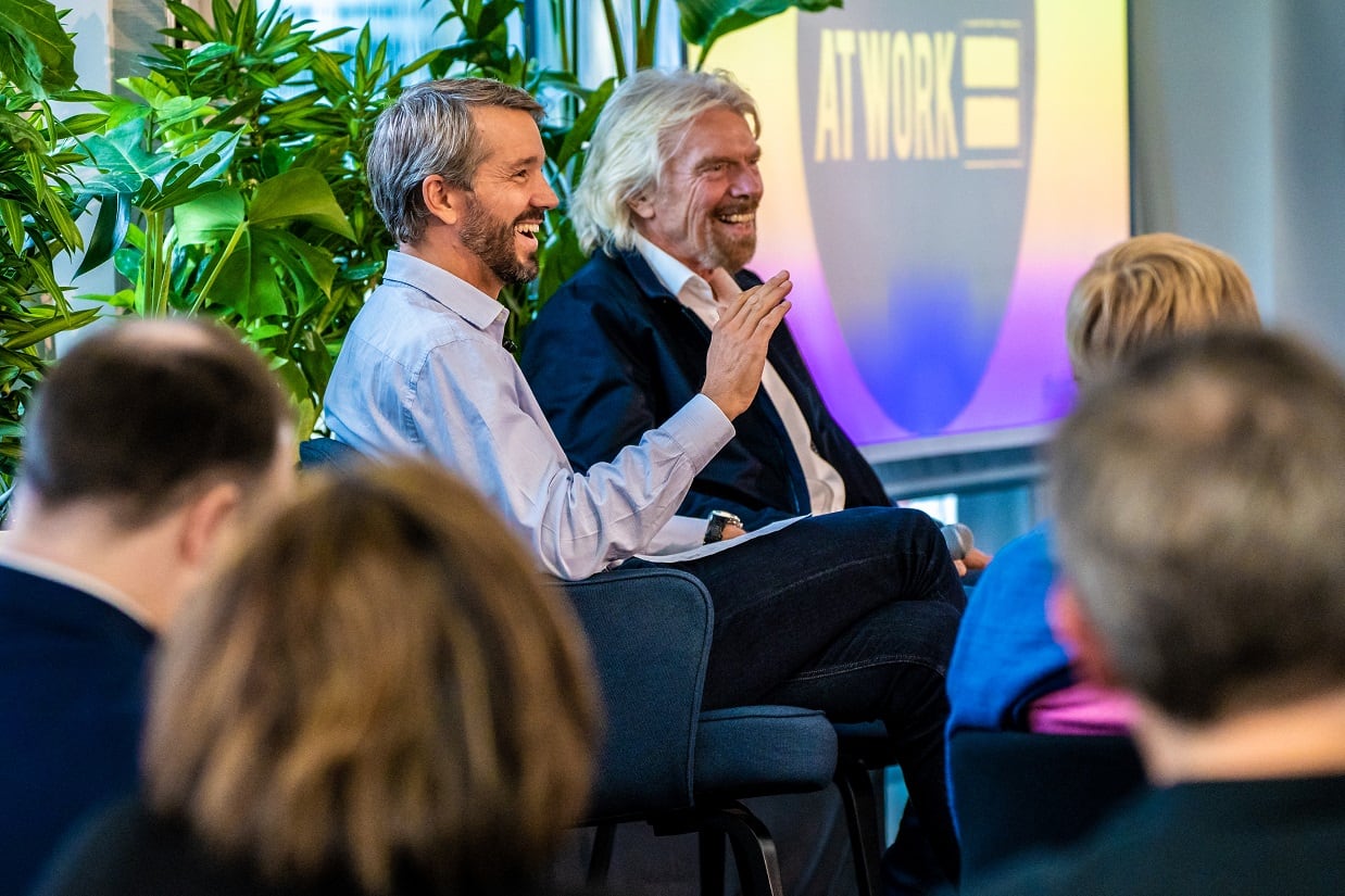 Richard Branson and Virgin CEO Josh Bayliss speaking at 100% Human at Work Event in Sydney