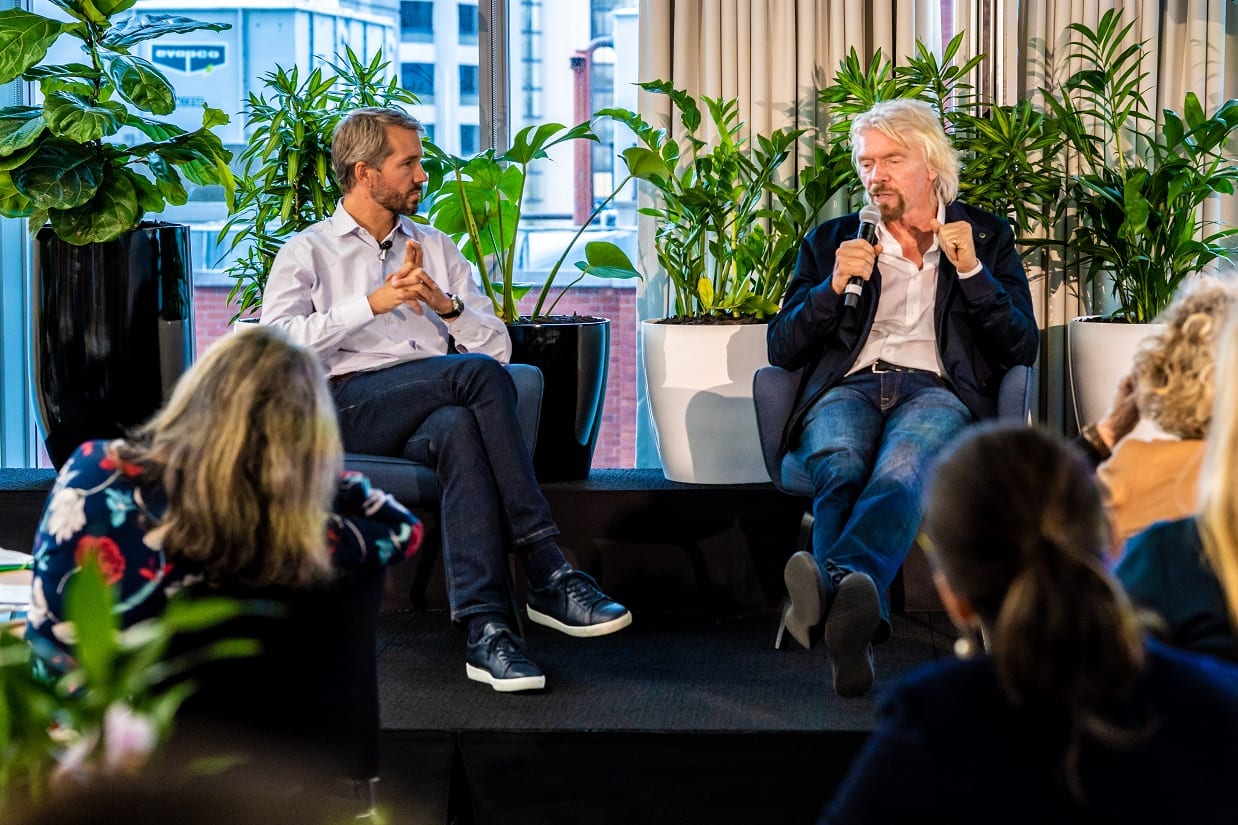Richard Branson and Virgin CEO Josh Bayliss speaking at 100% Human at Work Event in Sydney, Australia