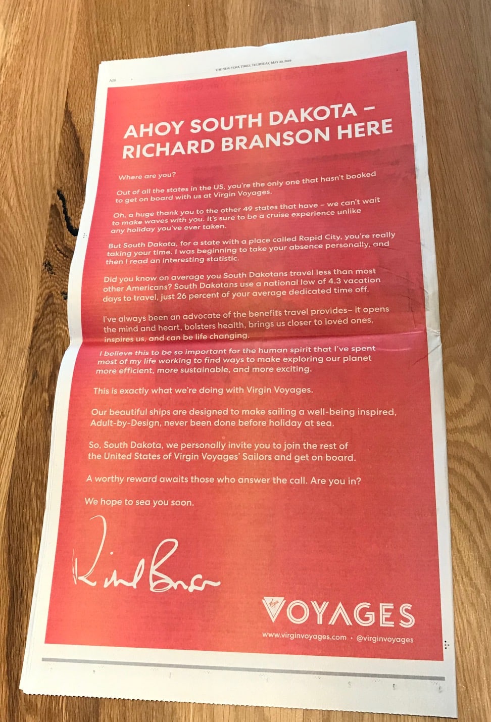 Picture of Richard Branson's letter in the New York Times Picture of Richard Branson's letter in the New York Times
