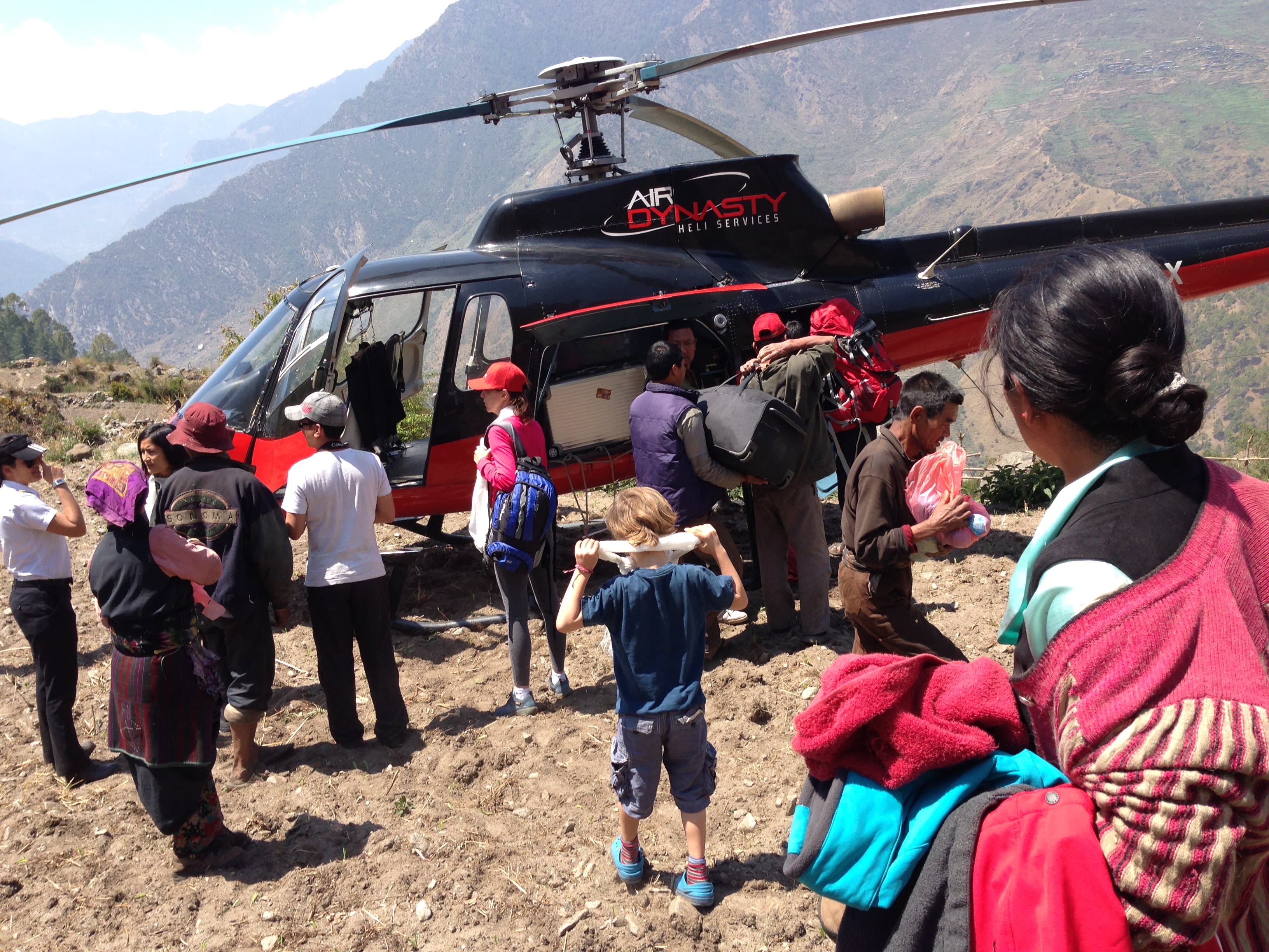 A helicopter taking Dolma Foundation chief finance officer Carla Teixeira Alvares Kaspar and her son back to capital Kathmandu after a weekend inspection visit to Bridim before the earthquake hit.