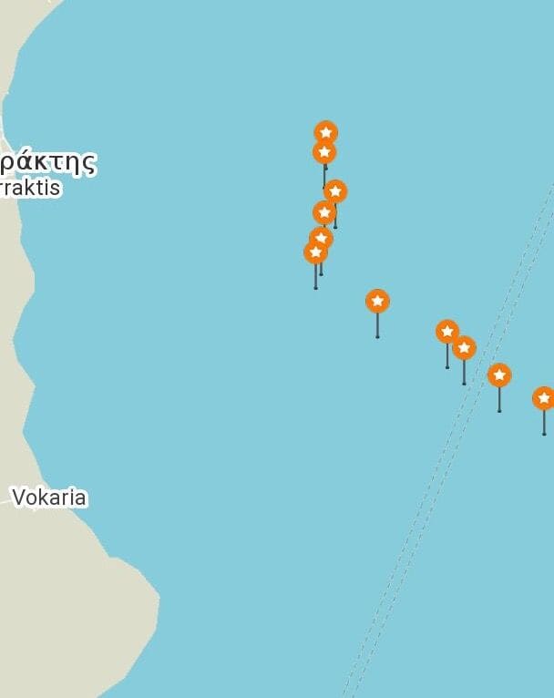The tracking of a boat across the Aegean, the geo pegs represent a coordinate every 10 mins. The tracking of a boat across the Aegean, the geo pegs represent a coordinate every 10 mins.