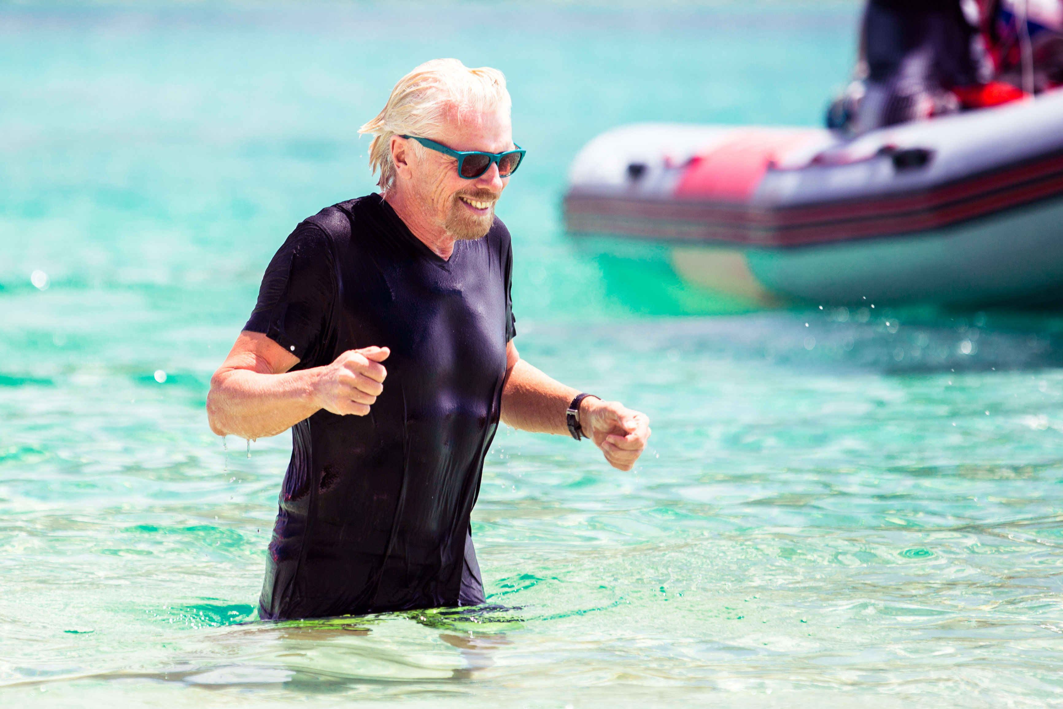 Richard Branson swimming moskito island Richard Branson swimming moskito island