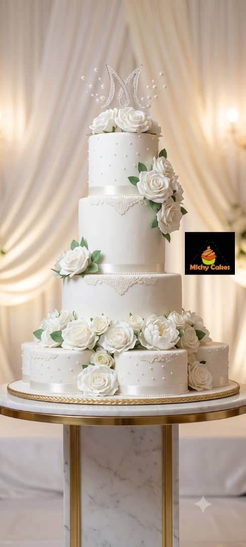 Four-tier white wedding cake with pearl dots, lace appliqué, white sugar roses and a crystal M monogram topper