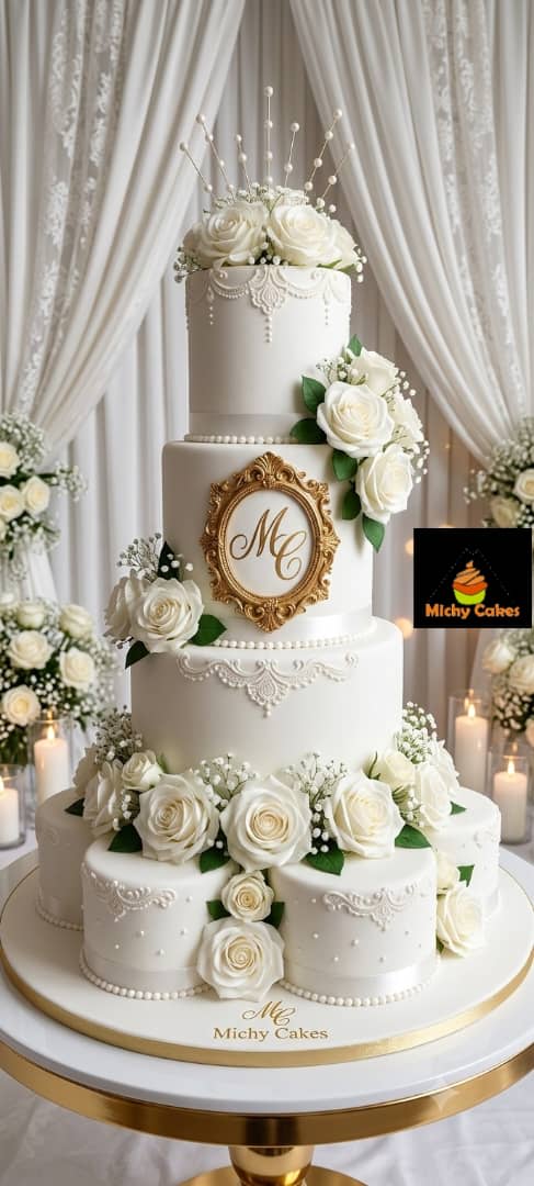 Four-tier white wedding cake with white roses, baby's breath and a gold-framed MC monogram