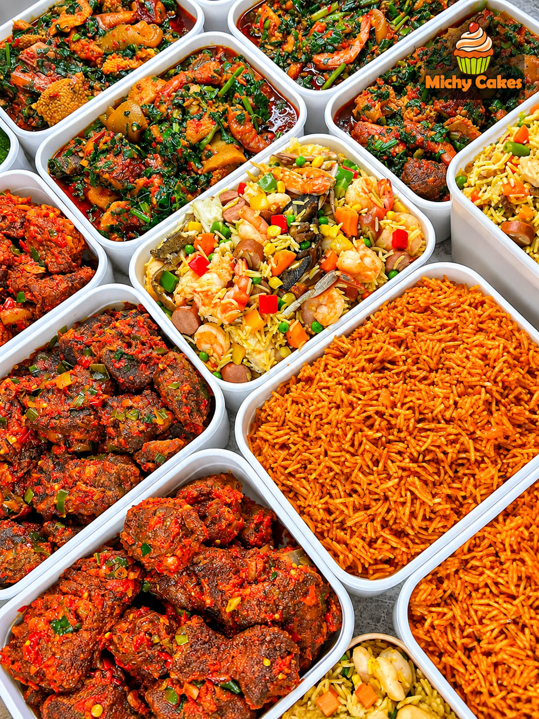 Illustration of takeaway trays of vegetable soups, peppered meat, jollof rice and fried rice with prawns