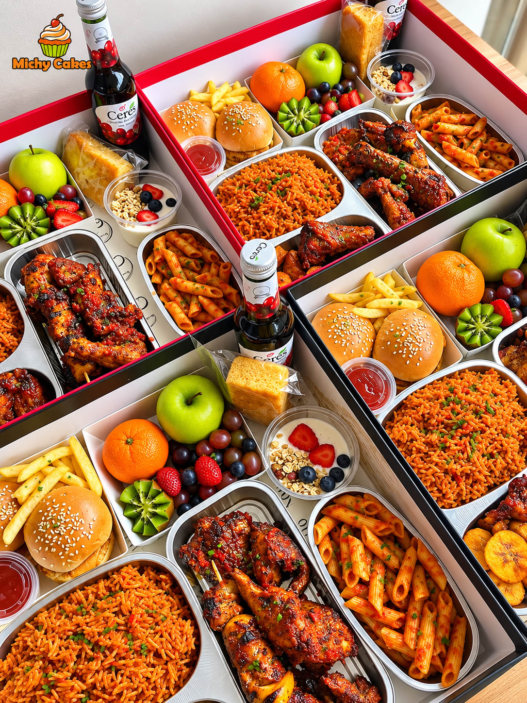 Illustration of individual meal boxes with jollof rice, grilled chicken, pasta, burgers, fries, fruit and yoghurt
