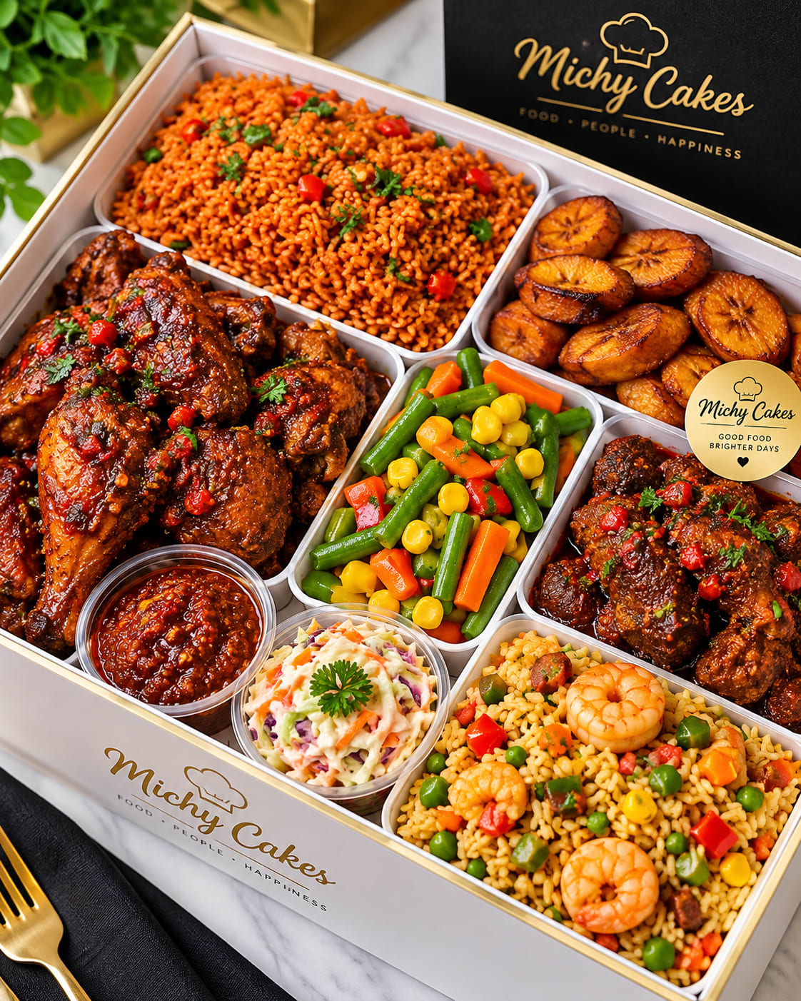 Illustration of a white Michy Cakes box with jollof rice, chicken, plantain, beef, vegetables, coleslaw and fried rice