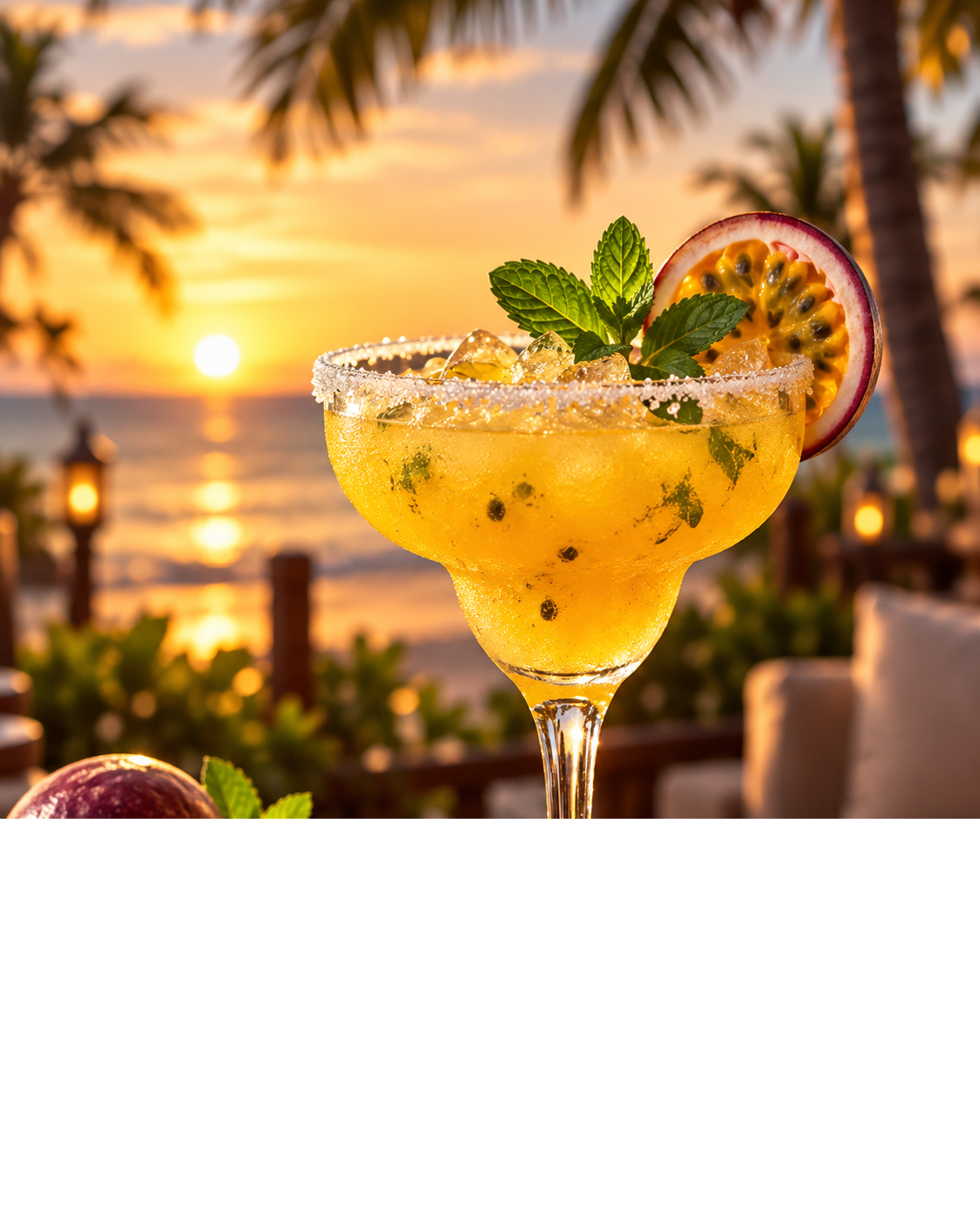 A frosted passion fruit margarita garnished with mint and a passion fruit slice at sunset