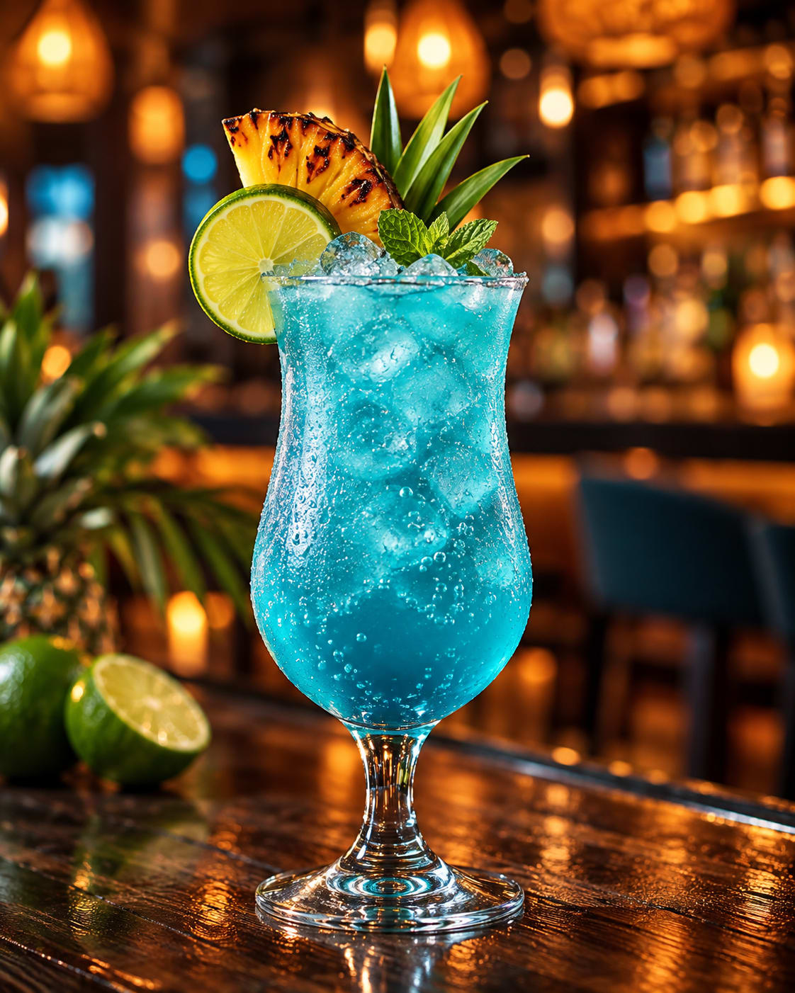 A bright blue iced cocktail with grilled pineapple, lime and mint on a bar counter