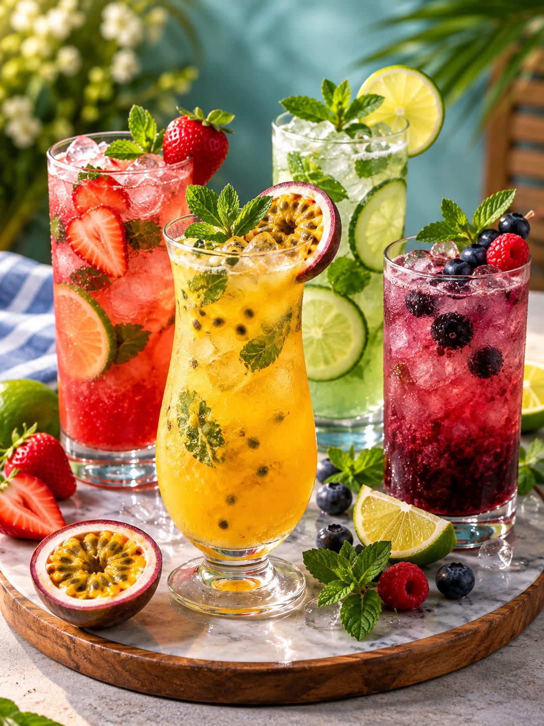 Four mocktails — strawberry, passion fruit, cucumber and berry — on a marble tray with fresh fruit