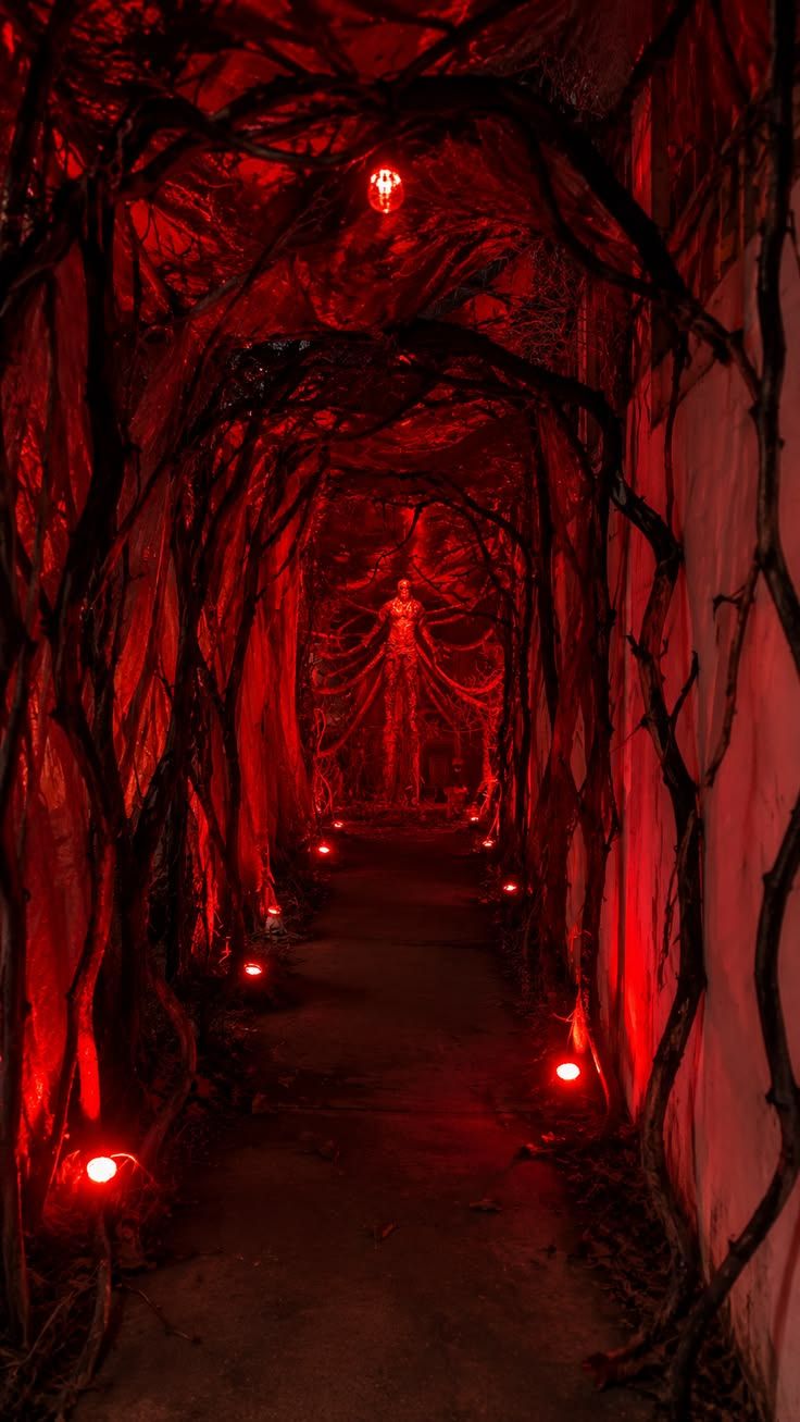 Corridor lit in deep red for Halloween with an arch of bare branches and glowing pumpkins along the floor