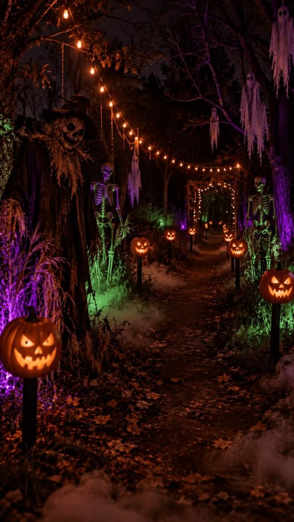 Garden path decorated for Halloween with string lights overhead, glowing pumpkins and green and orange lighting