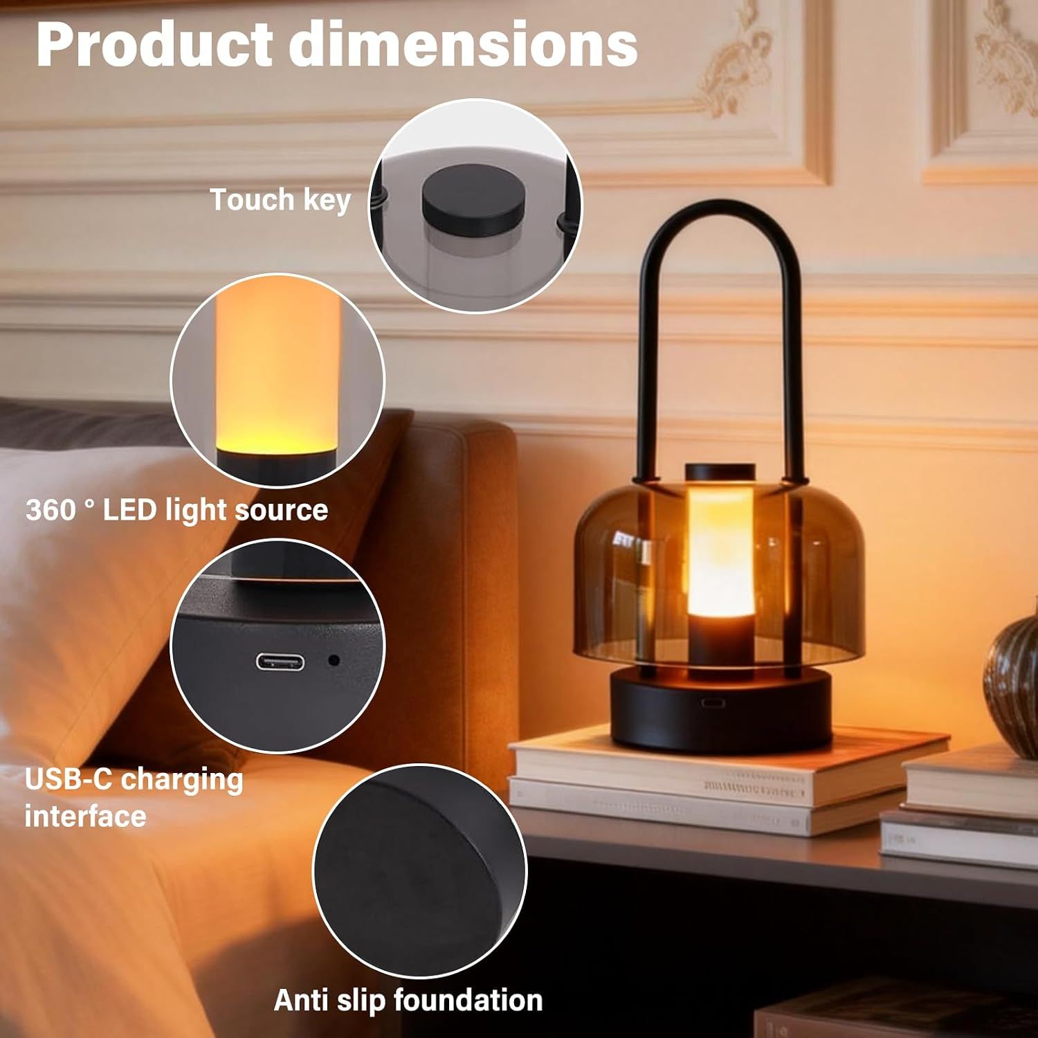 Portable lantern table lamp with product dimensions and detail close ups