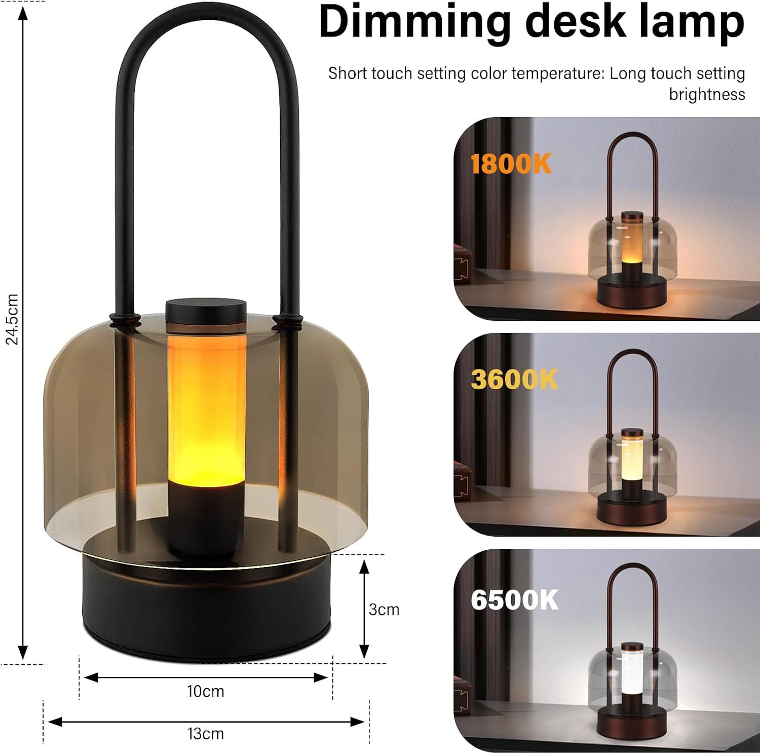 Portable lantern table lamp with a dimming diagram showing three brightness levels and its size