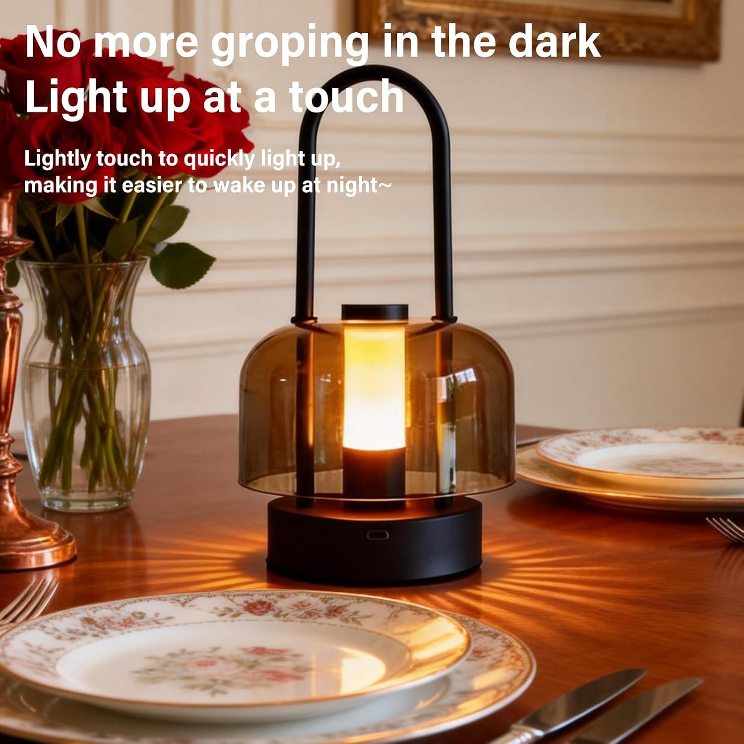 Portable lantern table lamp lit on a dining table with a callout about lighting up in the dark