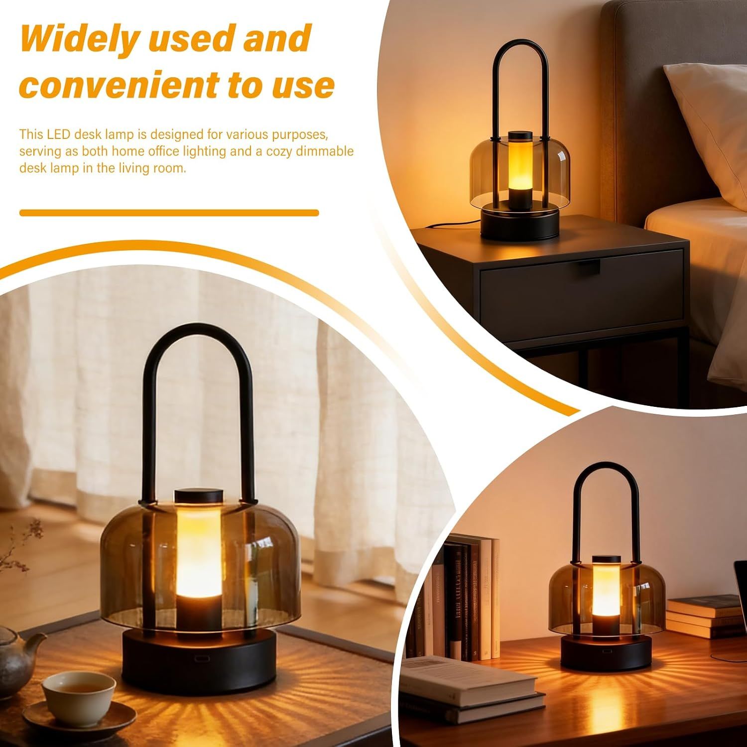 Portable lantern table lamp shown in several rooms and settings with a widely used callout