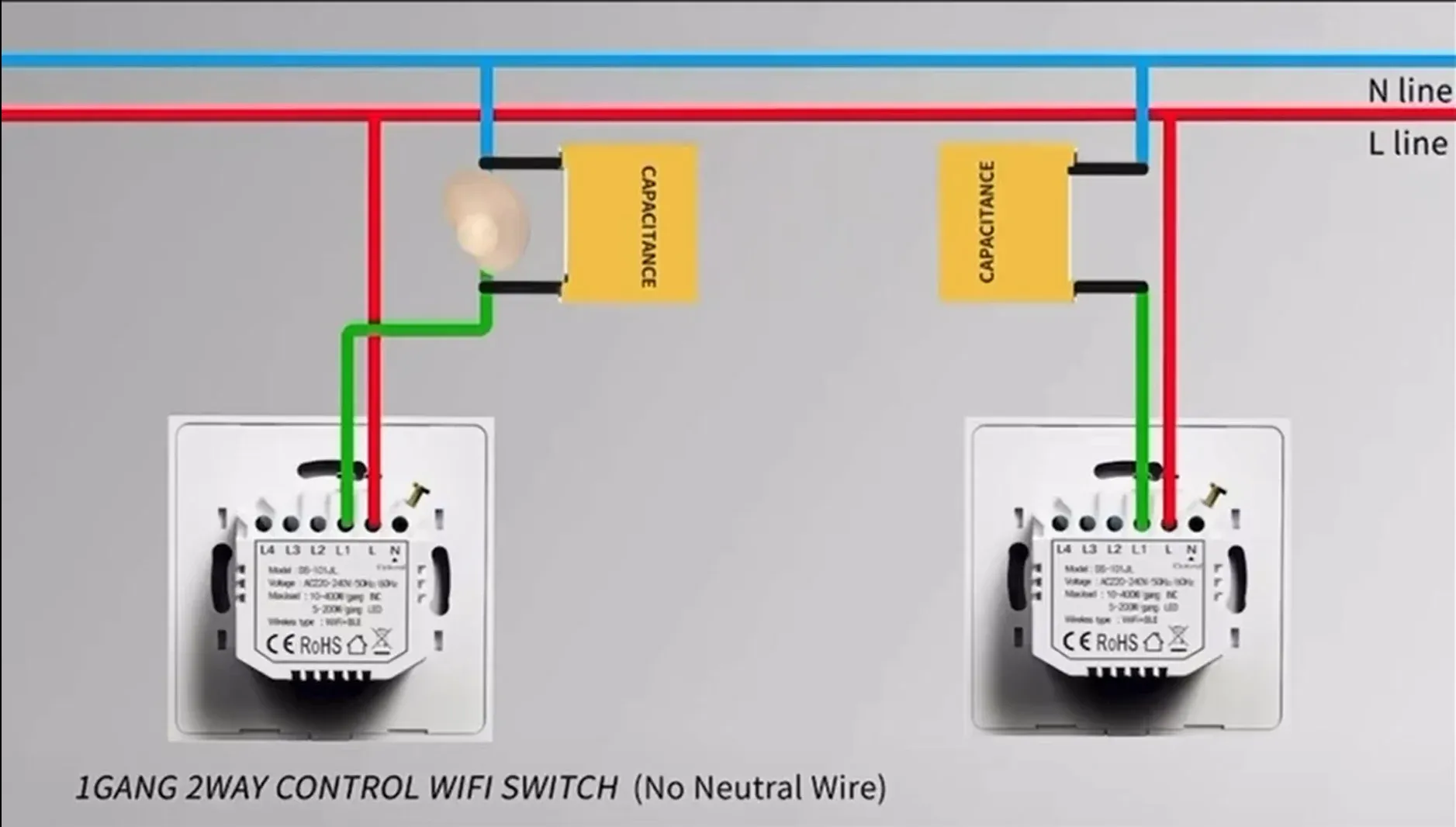 Wiring diagram for two smart WiFi switches controlling one light without a neutral wire, with a capacitance part at each switch