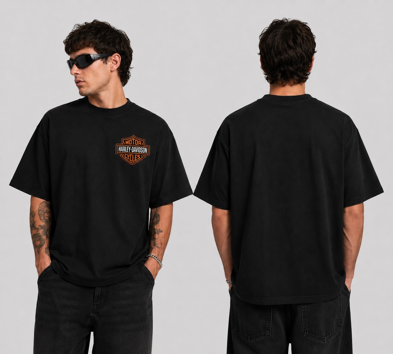 Custom Chest Motor Cycle Badge Oversized Tee — Black