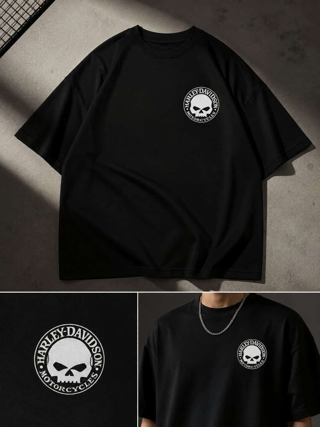 Custom Skull Badge Oversized Tee — Black