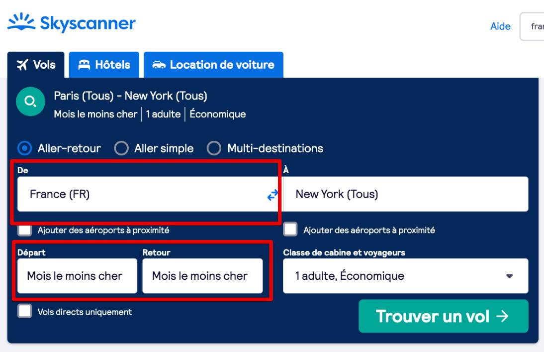 copie d'écran skyscanner réservation vols