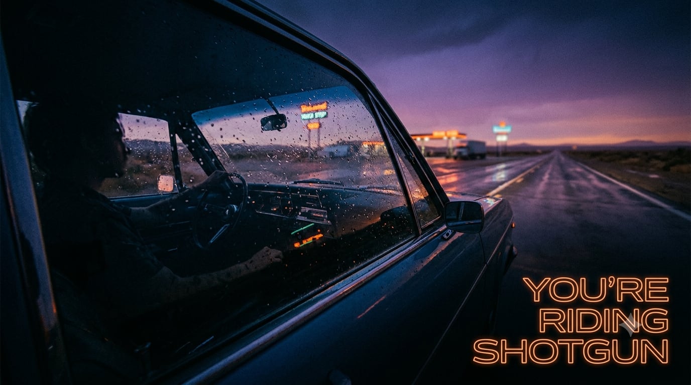 You're Riding Shotgun - Car dashboard view on a rainy neon-lit highway at dusk