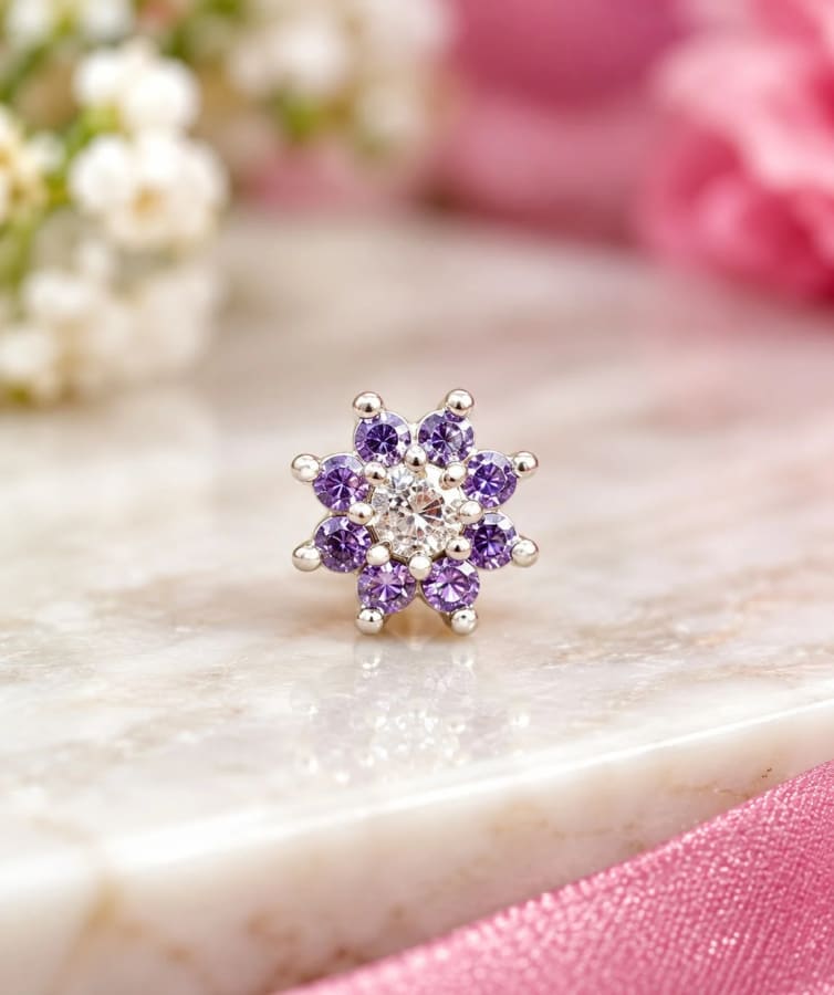925 Silver 92.5 NOSE PIN PURPLE FLORAL CLUSTER – Front View