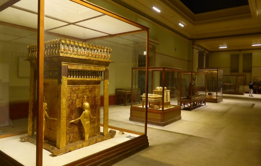 Museum display or monumental cultural building containing Egyptian antiquities Egyptian antiquities displayed inside a museum