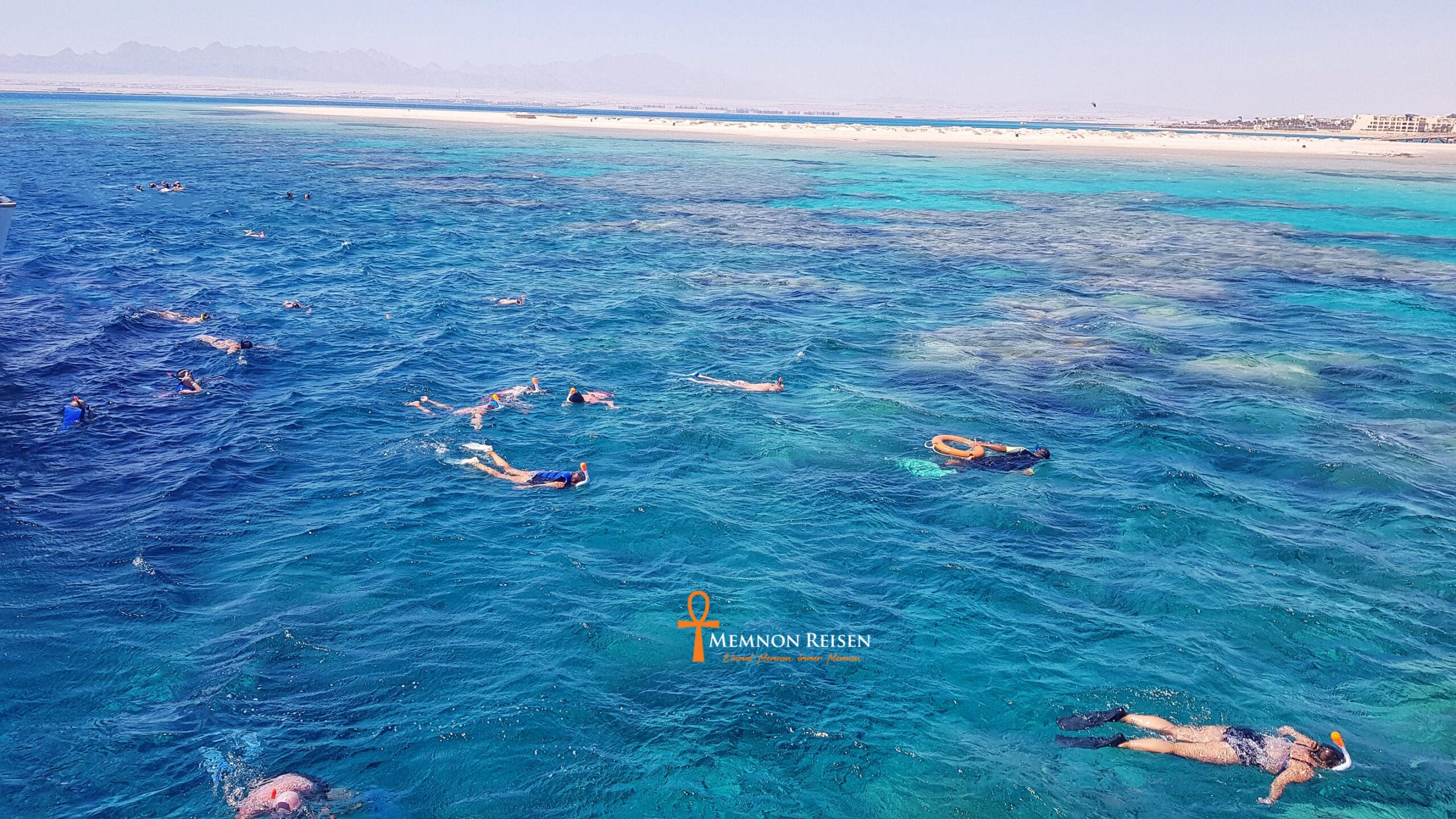 Snorkelers above a Red Sea coral reef