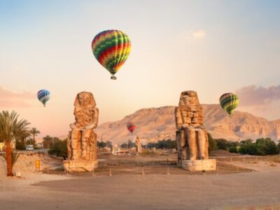 Hot-air balloons over the Nile Valley at sunrise