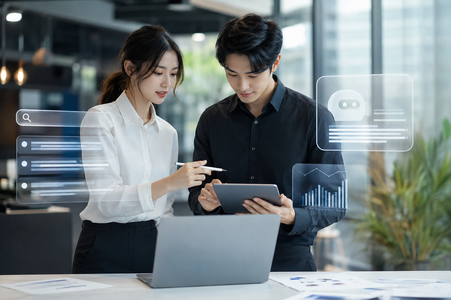 Marketing specialist reviewing organic search and AI-generated search visibility on a laptop.
