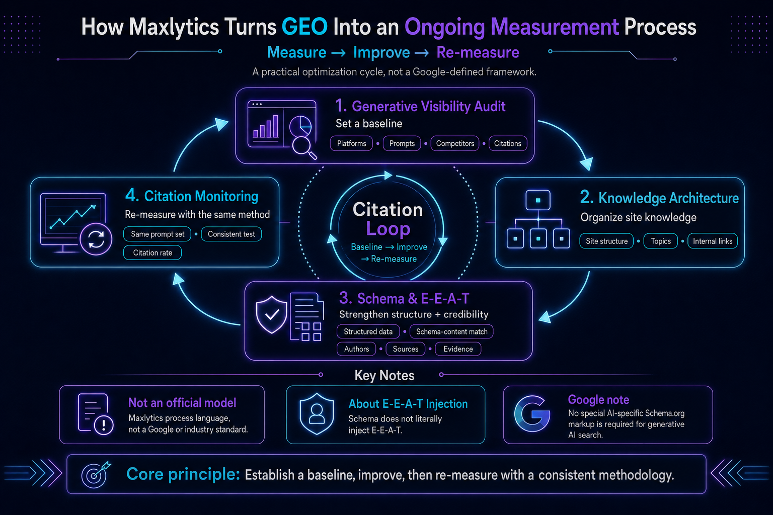 Maxlytics four-stage Citation Loop for GEO measurement.