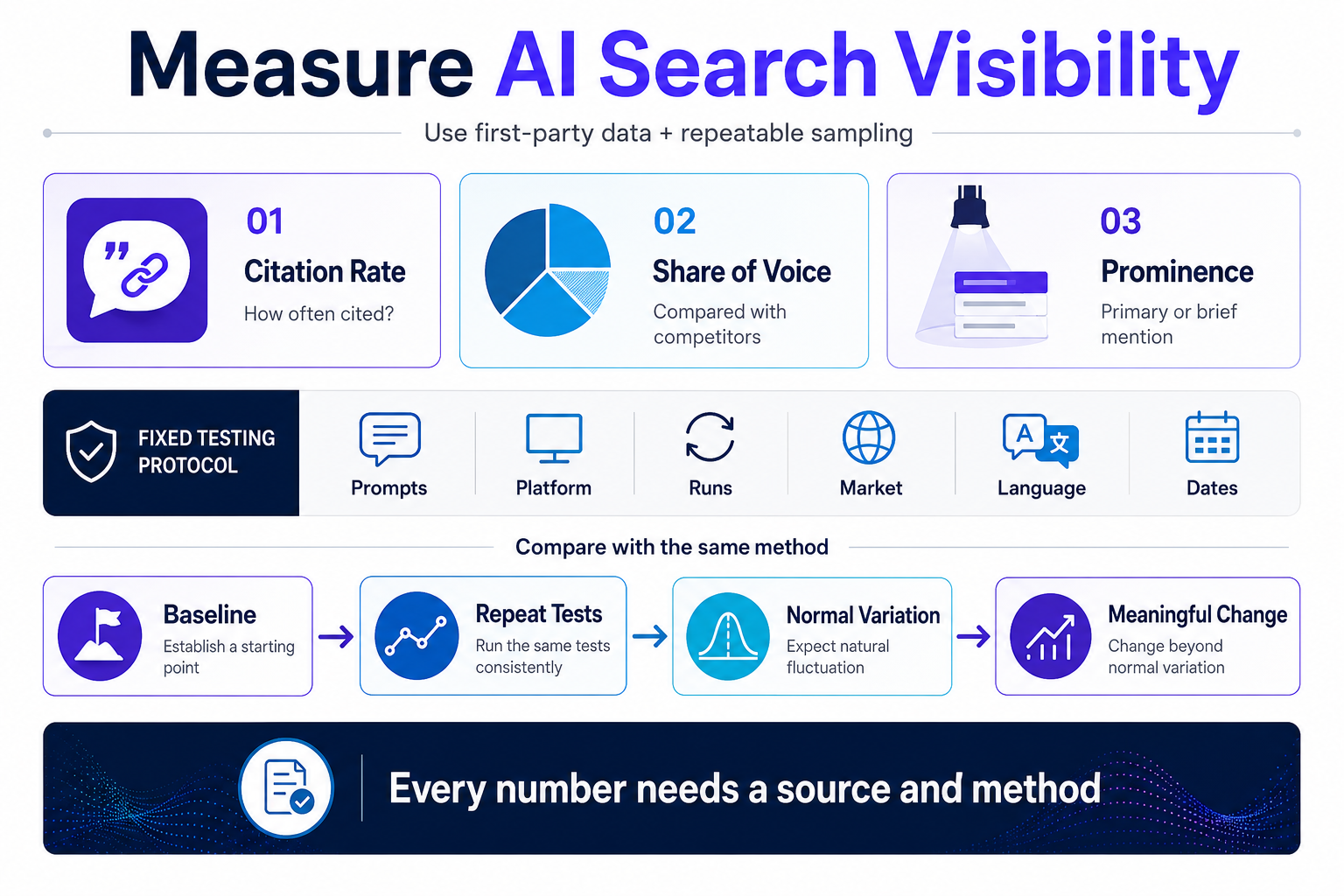 AI search visibility measurement framework showing Citation Rate, Share of Voice, Prominence, a fixed testing protocol and baseline comparison.