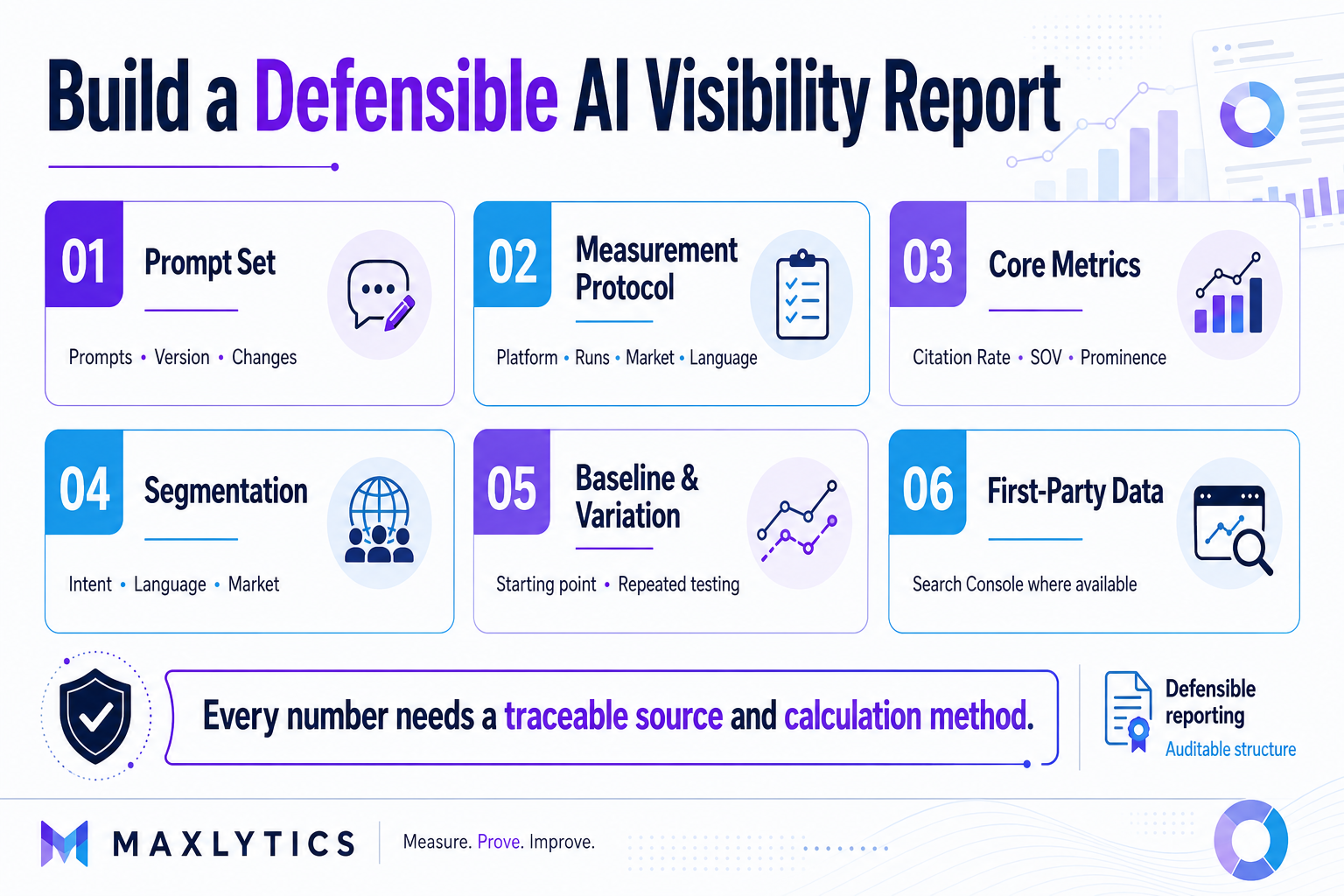 Defensible AI visibility report framework showing the prompt set, measurement protocol, Citation Rate, SOV, Prominence, segmentation, baseline variation and first-party data.