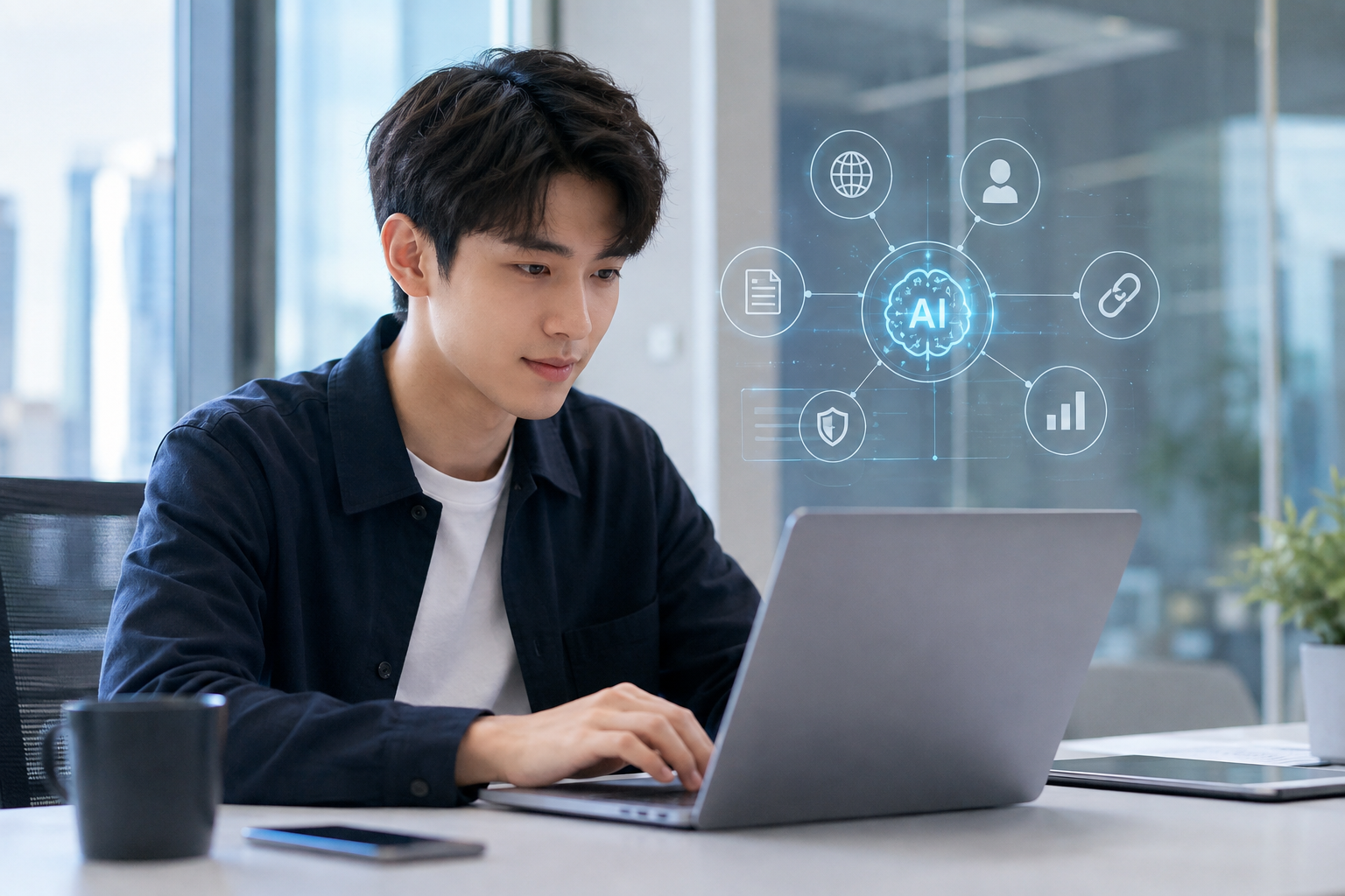 Website audit scene showing AI, content, links and performance signals during a GEO review.
