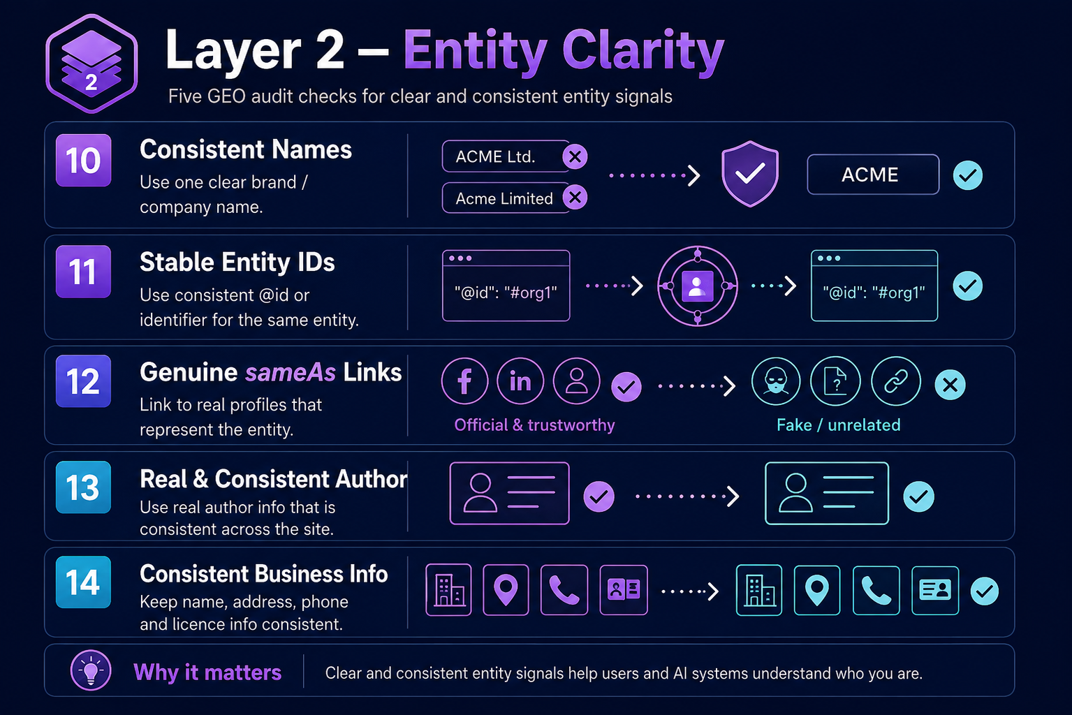 Layer 2 entity clarity infographic covering organisation names, stable entity identifiers, sameAs links, author information and consistent business details.
