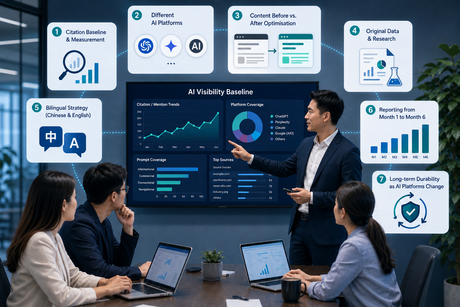 AI SEO agency team reviewing AI visibility data alongside seven evaluation criteria covering AI visibility baseline, platforms, content optimisation, original research, bilingual SEO, reporting and long-term durability.
