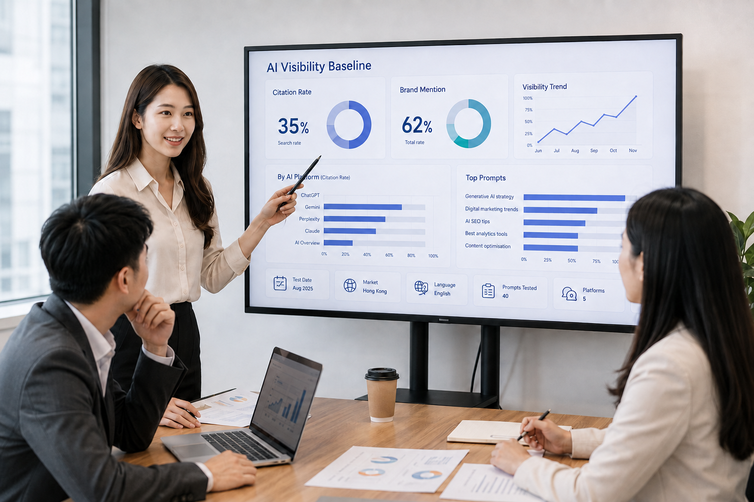 AI SEO consultant presenting an AI visibility baseline measured by citation rate, brand mentions, prompts, platforms, market, language and testing period.