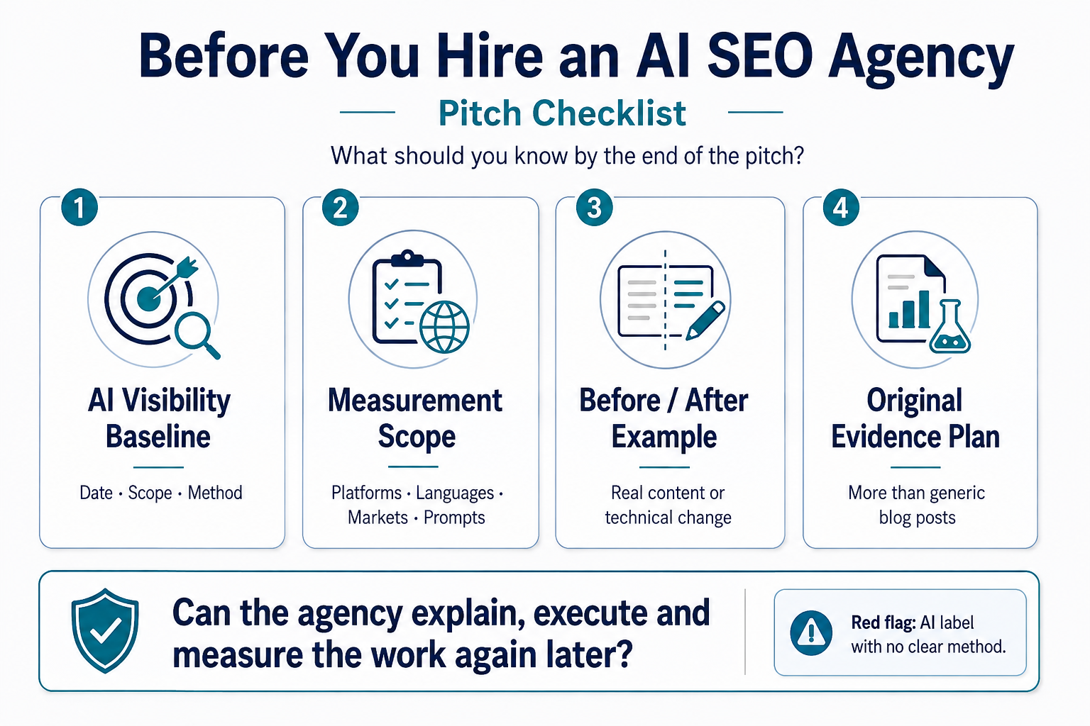 AI SEO agency pitch checklist showing four criteria: visibility baseline, measurement scope, before-and-after evidence and an original evidence plan.