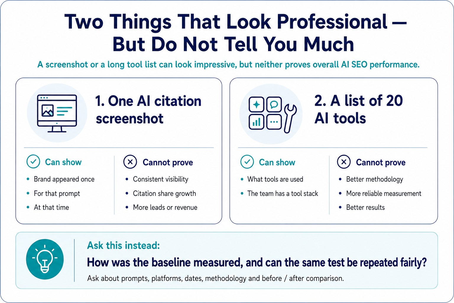 Infographic comparing one AI citation screenshot and a list of 20 AI tools, showing what each can indicate and what neither can prove about overall AI Search performance.