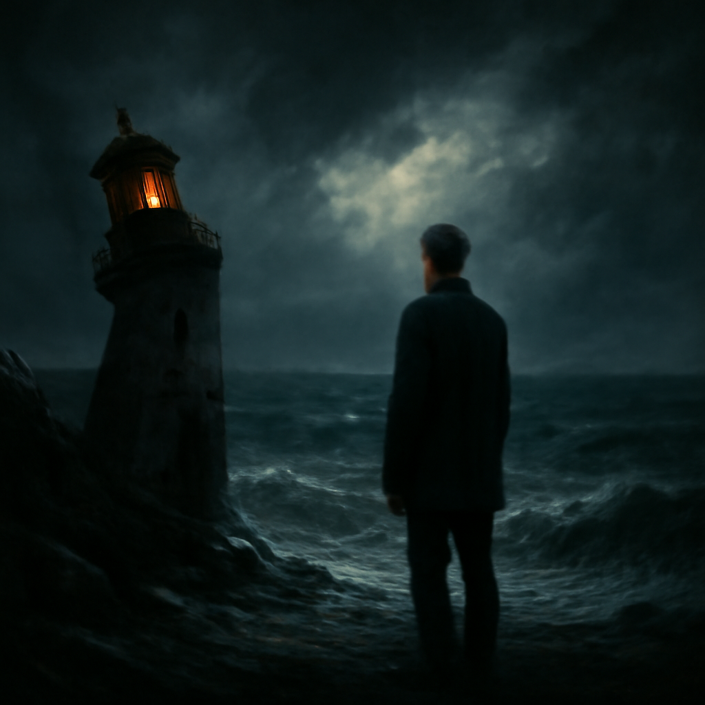 Una figura se encuentra sola en el borde de un mar turbulento, encarnando la lucha entre el amor y la traición.
