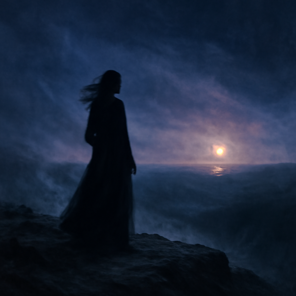 Una figura en un acantilado, anhelando conexión en medio de las sombras de la pérdida.